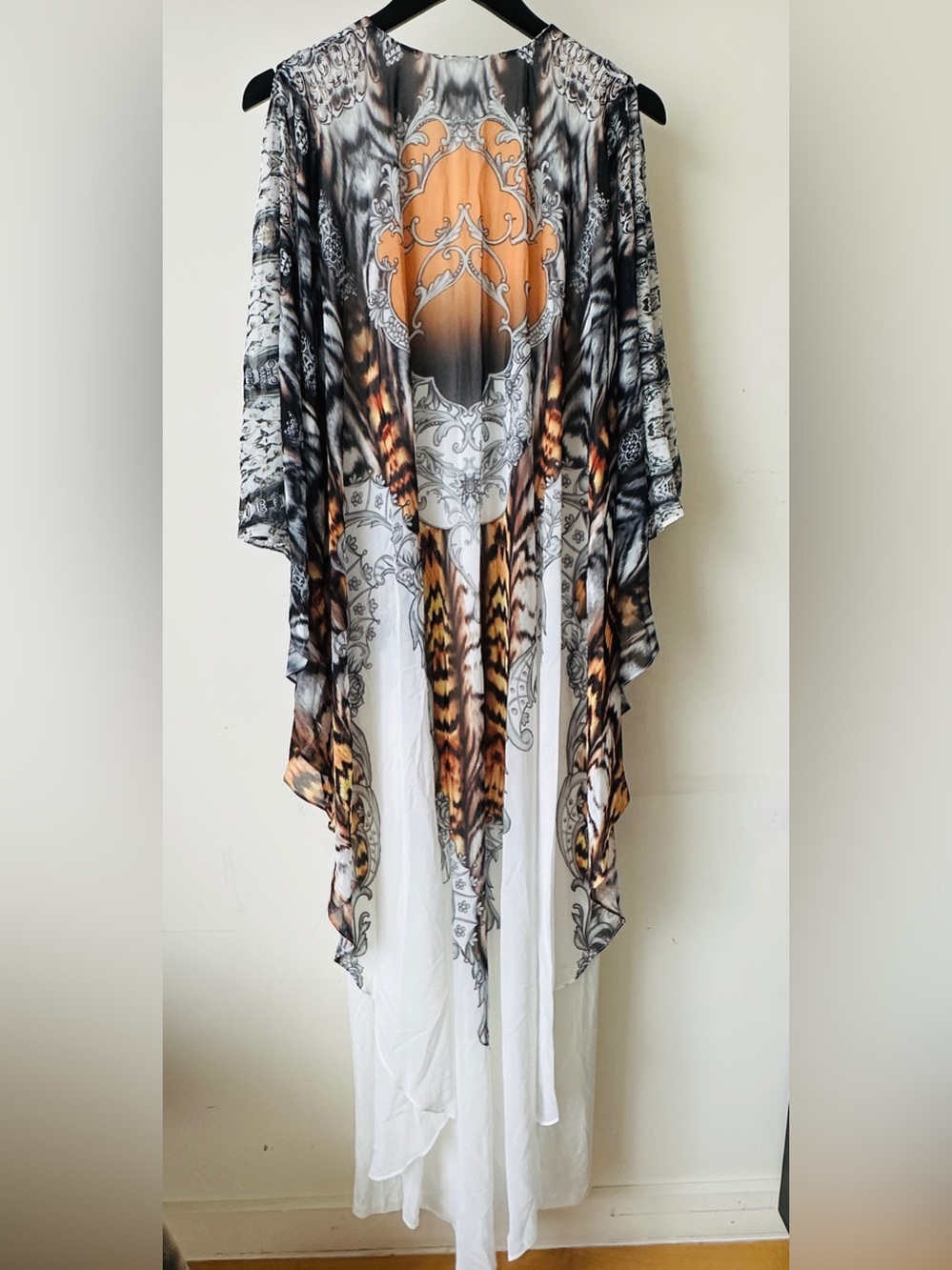 Quente Sheer Printed Kimono Duster in Orange, Black & White size 40